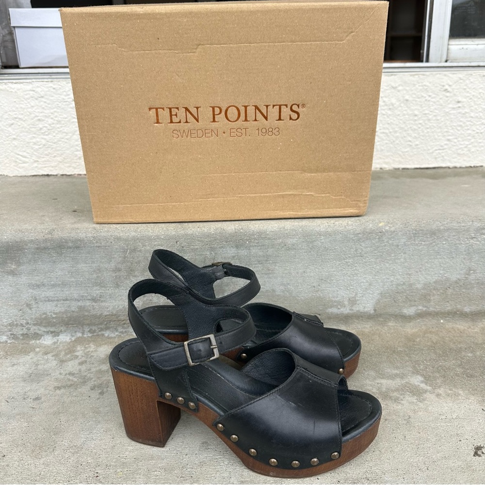 Ten Points Eva Black Leather Studded Platform Clogs size 36
